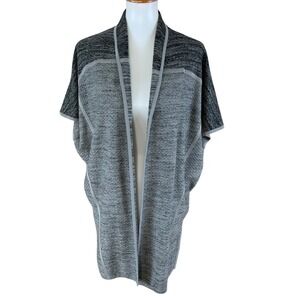 Ming Wang Open Front Short Sleeve Textured Knit Long Cardigan Gray Small